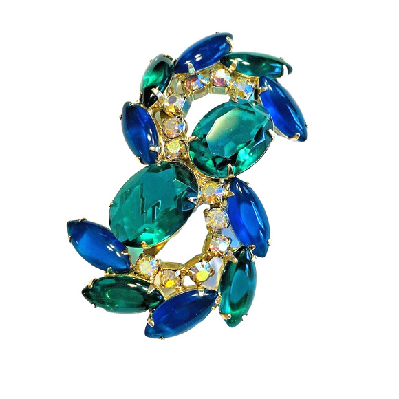 Vintage Brooch Mid Century Rhinestones Green Blue AB Prong Set Stones 50's 60's - Picture 2 of 6